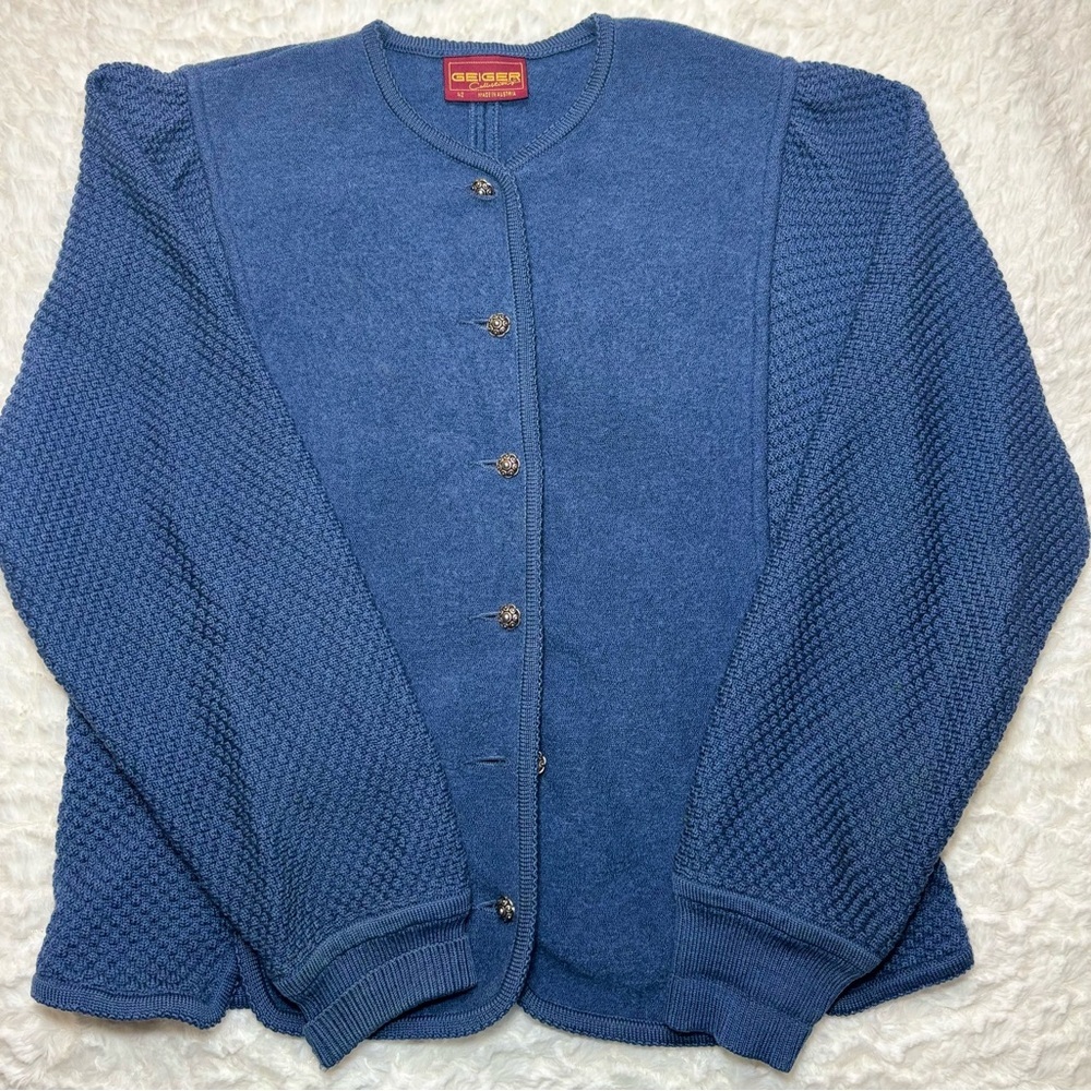 GEIGER Chic Blue Cardigan Sweater Pure New Wool!!